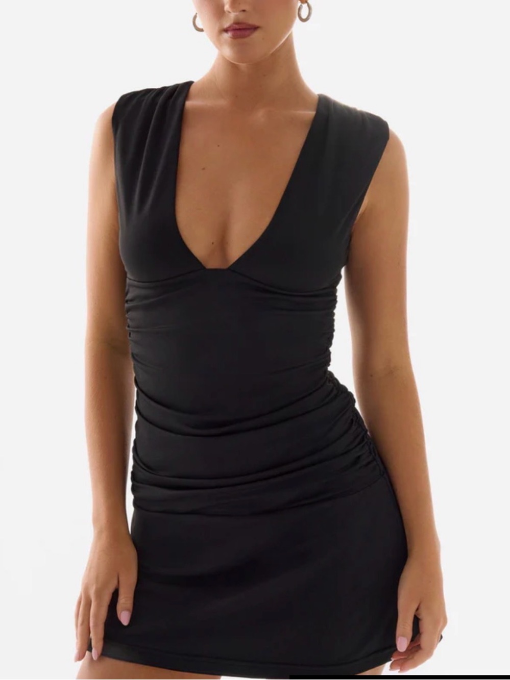 Black V-Neck Ruched Mini Dress